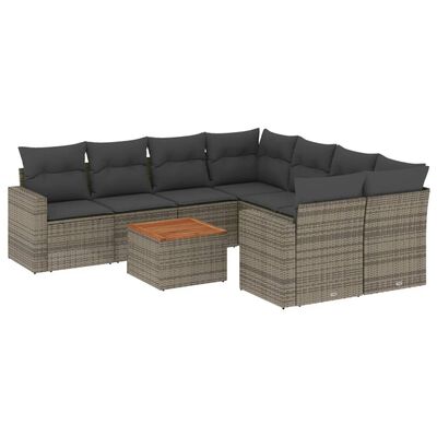 vidaXL 9-delige Loungeset met kussens poly rattan grijs