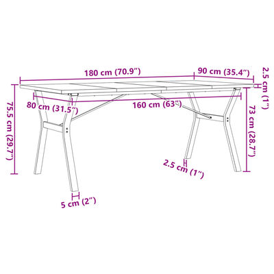 vidaXL Eettafel Y-frame 180x90x75,5 cm massief grenenhout en gietijzer