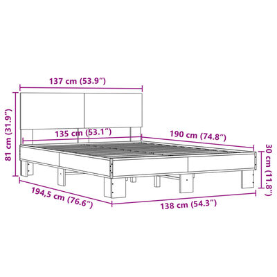 vidaXL Bedframe bewerkt hout metaal sonoma eikenkleurig 135x190 cm