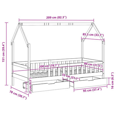 vidaXL Kinderbedframe met lades 80x200 cm massief grenenhout