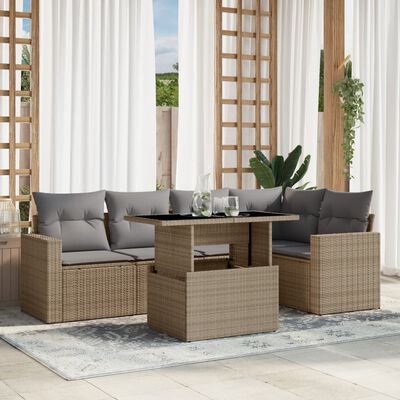 vidaXL 6-delige Loungeset met kussens poly rattan beige