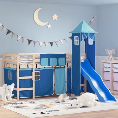 vidaXL Kinderhoogslaper met toren 90x190 cm massief grenenhout blauw