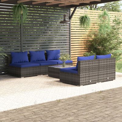 vidaXL 6-delige Loungeset met kussens poly rattan grijs