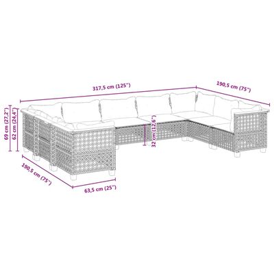 vidaXL 9-delige Loungeset met kussens poly rattan zwart