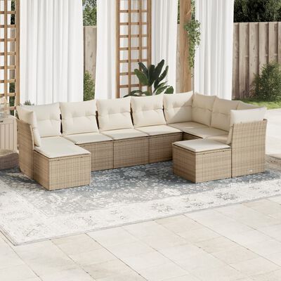 vidaXL 9-delige Loungeset met kussens poly rattan beige