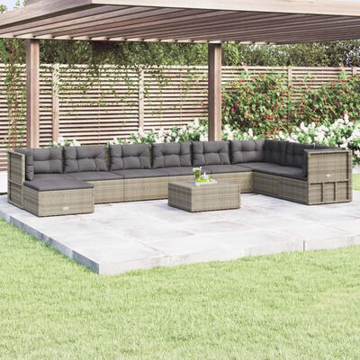 vidaXL 9-delige Loungeset met kussens poly rattan grijs