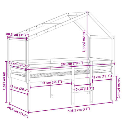 vidaXL Hoogslaper met dak massief grenenhout wasbruin 75x190 cm