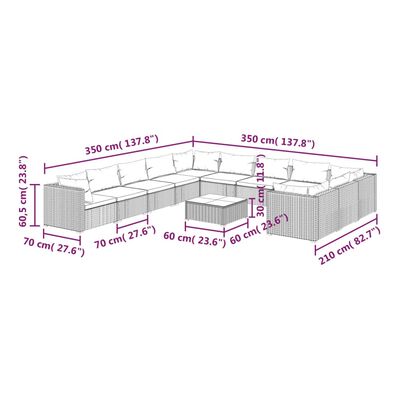 vidaXL 12-delige Loungeset met kussens poly rattan bruin