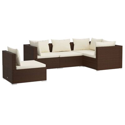 vidaXL 5-delige Loungeset met kussens poly rattan bruin