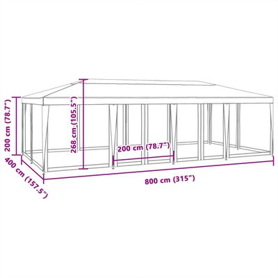 vidaXL Partytent met 12 mesh zijwanden 8x4 m HDPE wit