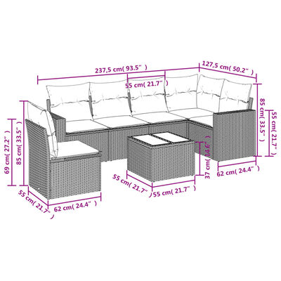 vidaXL 7-delige Loungeset met kussens poly rattan lichtgrijs