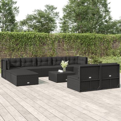 vidaXL 10-delige Loungeset met kussens poly rattan zwart