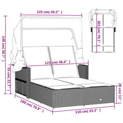 vidaXL Ligbed 2-persoons luifel en kussens poly rattan gemengd beige