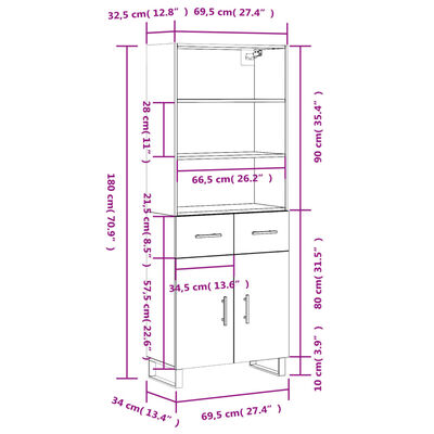 vidaXL Hoge kast 69,5x34x180 cm bewerkt hout grijs sonoma eikenkleurig