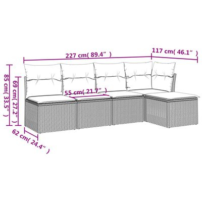 vidaXL 5-delige Loungeset met kussens poly rattan grijs