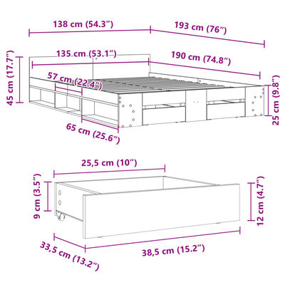 vidaXL Bedframe met lades bewerkt hout bruin eikenkleurig 135x190 cm