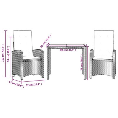 vidaXL 3-delige Tuinset met kussens poly rattan zwart