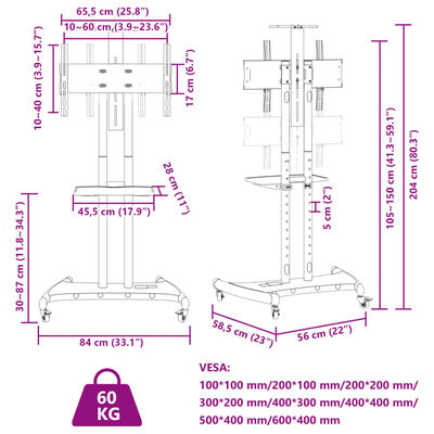 vidaXL TV-standaard wielen 32-70 inch scherm 60 kg Max VESA 600x400 mm