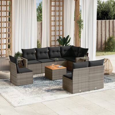 vidaXL 9-delige Loungeset met kussens poly rattan grijs