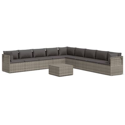 vidaXL 10-delige Loungeset met kussens poly rattan grijs