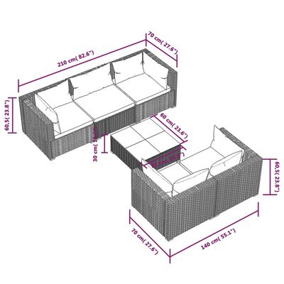 vidaXL 6-delige Loungeset met kussens poly rattan grijs