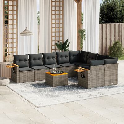 vidaXL 10-delige Loungeset met kussens poly rattan grijs