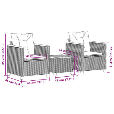 vidaXL 3-delige Bistroset met kussens poly rattan en acaciahout zwart