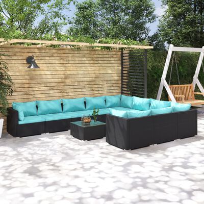 vidaXL 11-delige Loungeset met kussens poly rattan zwart