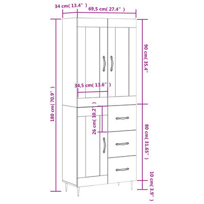 vidaXL Hoge kast 69,5x34x180 cm bewerkt hout hoogglans wit