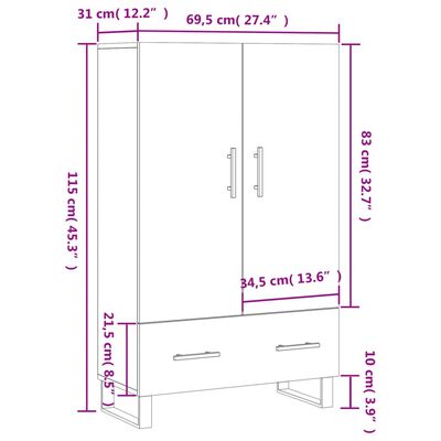 vidaXL Hoge kast 69,5x31x115 cm bewerkt hout grijs sonoma eikenkleurig