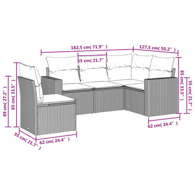 vidaXL 5-delige Loungeset met kussens poly rattan bruin