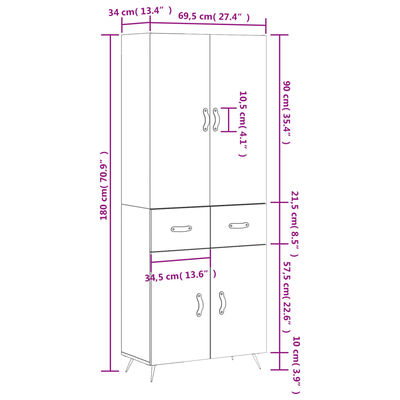 vidaXL Hoge kast 69,5x34x180 cm bewerkt hout betongrijs