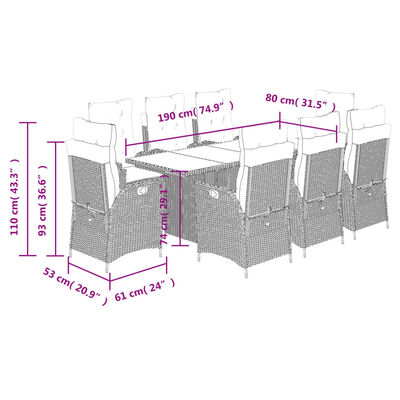 vidaXL 9-delige Tuinset met kussens poly rattan grijs