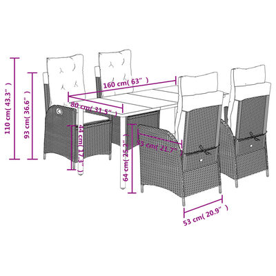 vidaXL 5-delige Tuinset met kussens poly rattan lichtgrijs