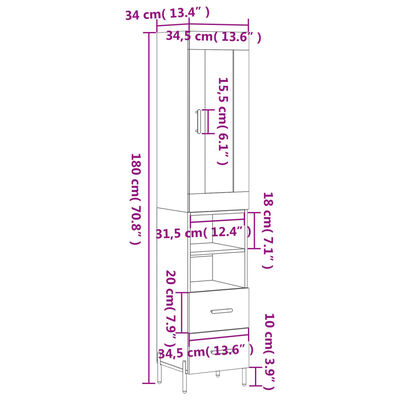 vidaXL Hoge kast 34,5x34x180 cm bewerkt hout grijs sonoma eikenkleurig