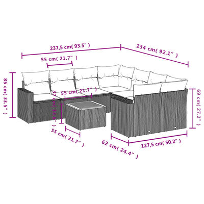 vidaXL 9-delige Loungeset met kussens poly rattan zwart