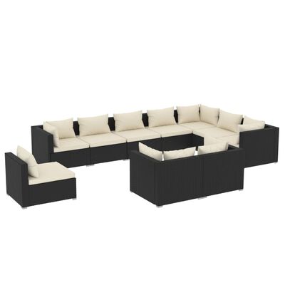 vidaXL 10-delige Loungeset met kussens poly rattan zwart