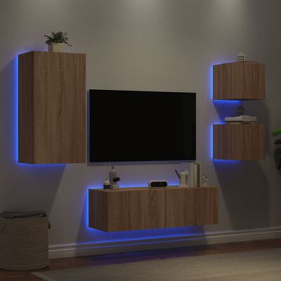 vidaXL 4-delige Tv-wandmeubelset met LED-verlichting sonoma eikenkleur