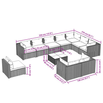 vidaXL 11-delige Loungeset met kussens poly rattan grijs