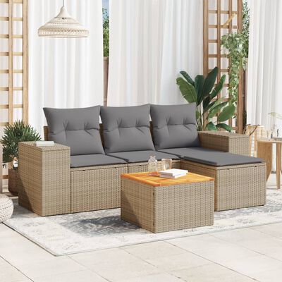 vidaXL 5-delige Loungeset met kussens poly rattan beige