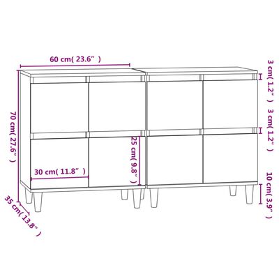 vidaXL Dressoirs 2 st 60x35x70 cm bewerkt hout hoogglans wit