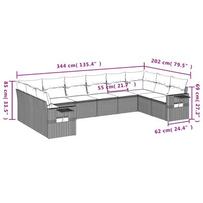 vidaXL 10-delige Loungeset met kussens poly rattan zwart