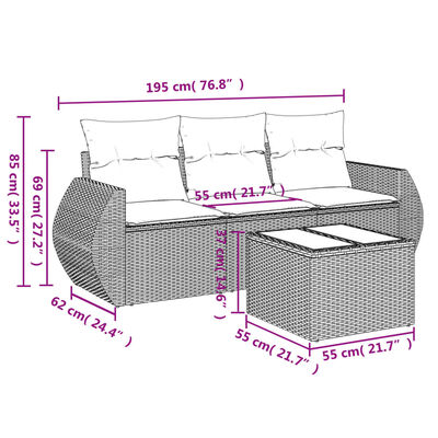 vidaXL 4-delige Loungeset met kussens poly rattan grijs