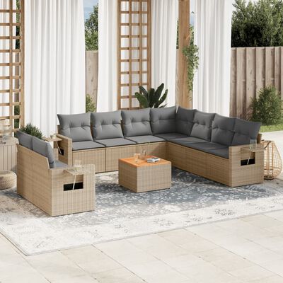 vidaXL 10-delige Loungeset met kussens poly rattan beige