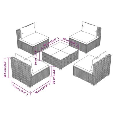 vidaXL 5-delige Loungeset met kussens poly rattan grijs