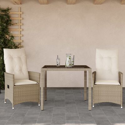 vidaXL 3-delige Bistroset met kussens poly rattan beige