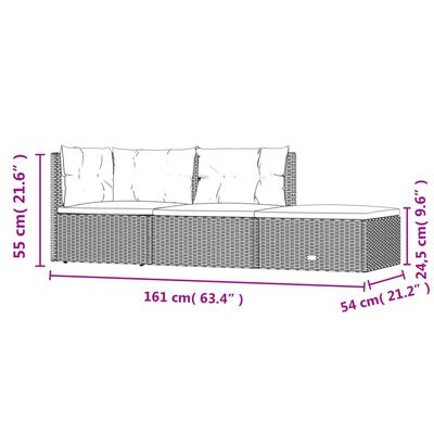 vidaXL 3-delige Loungeset met kussens poly rattan grijs