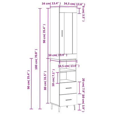 vidaXL Hoge kast 34,5x34x180 cm bewerkt hout bruin eikenkleur