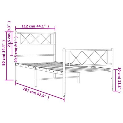 vidaXL Bedframe met hoofd- en voeteneinde metaal wit 107x203 cm