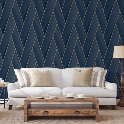 DUTCH WALLCOVERINGS Behang Geometric blauw en goudkleurig